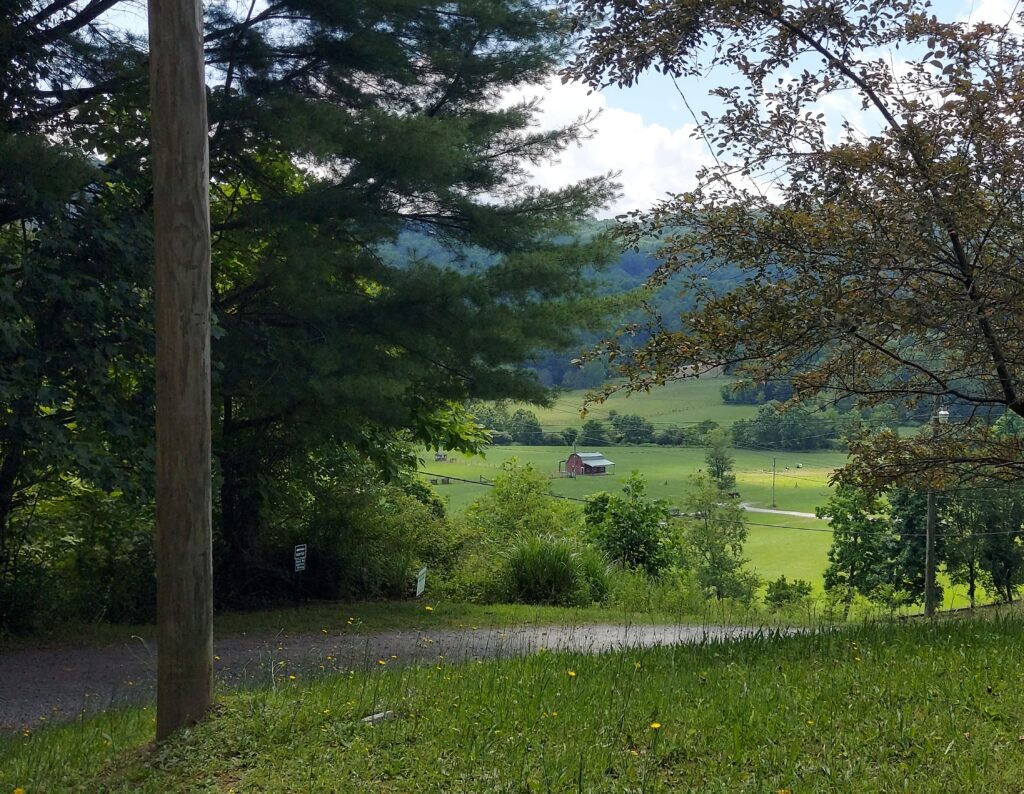 view through the trees in Valle Crucis near the crab orchard falls trailhead of a red barn in the middle of a field with mountains in the background