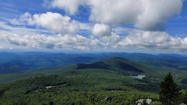 view from linville peak across the mile high swinging bridge
